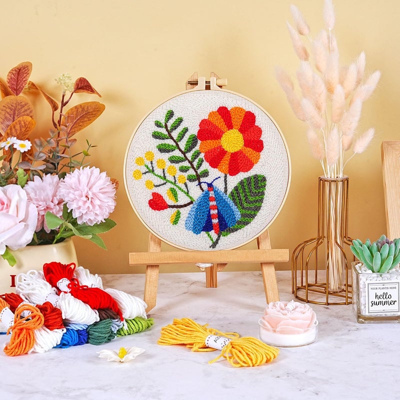 KESTAR Punch Needle Embroidery Starter Kits, Flower Dragonfly Punch Needle Kits for Adults Beginner, Needle Punch Kit Tool with Instruction Threader Fabric Yarns and Hoop - Image 2